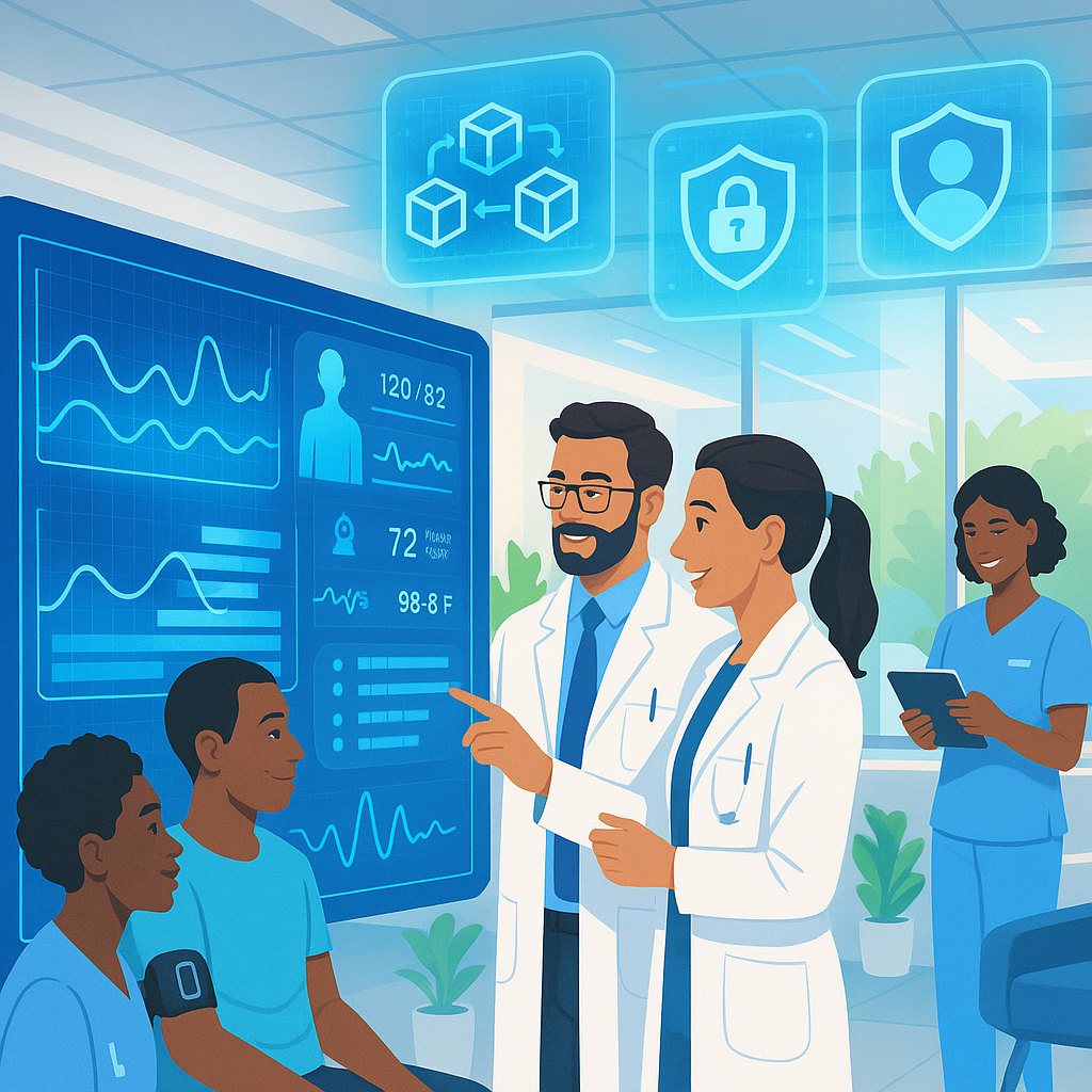 The image depicts a futuristic healthcare scenario where advanced technologies are seamlessly integrated into patient care In the foreground a diverse group of healthcare professionals including doctors and nurses are gathered around a digital displa-3