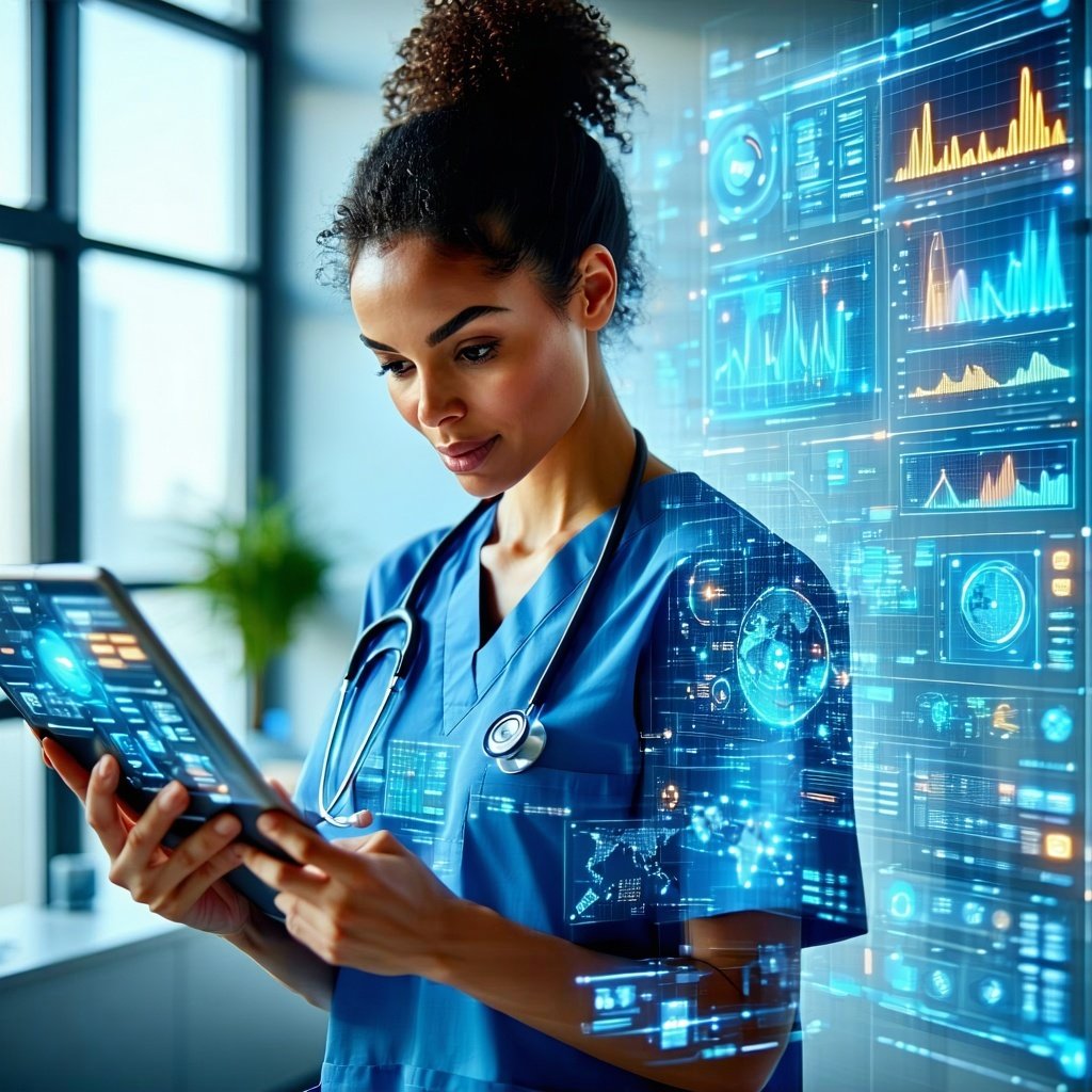 The image depicts a healthcare professional a middleaged woman in scrubs intently studying a digital tablet in a bright modern hospital room The tablet displays a colorful dynamic interface filled with various patient data points graphs and alerts Su-3